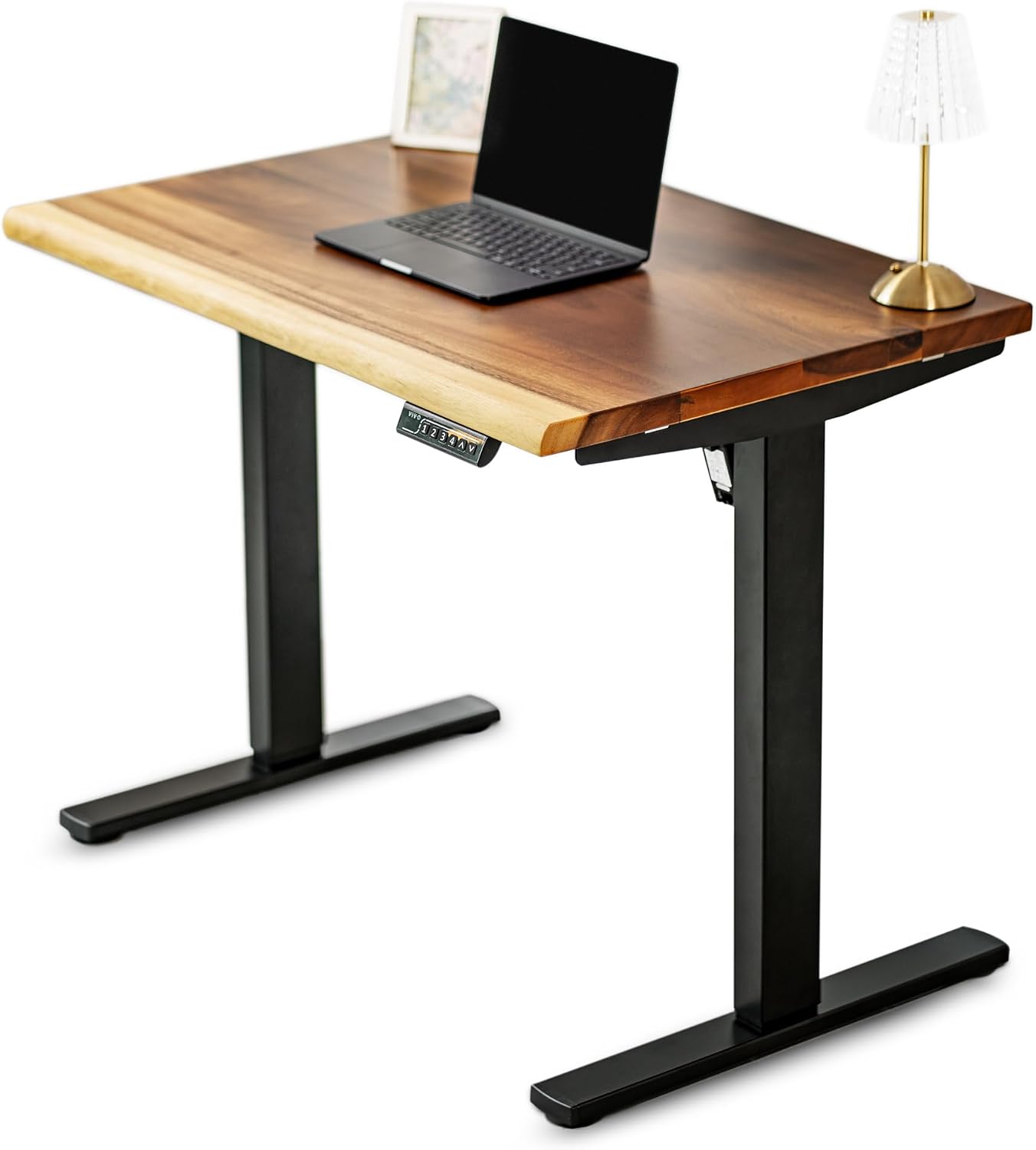 Small Standing Desk – Walnut Solid Wood Desk, Natural Live Edge, Adjustable Height Dual Motor, Sit Stand for Home Office (Black, W38 x D25)