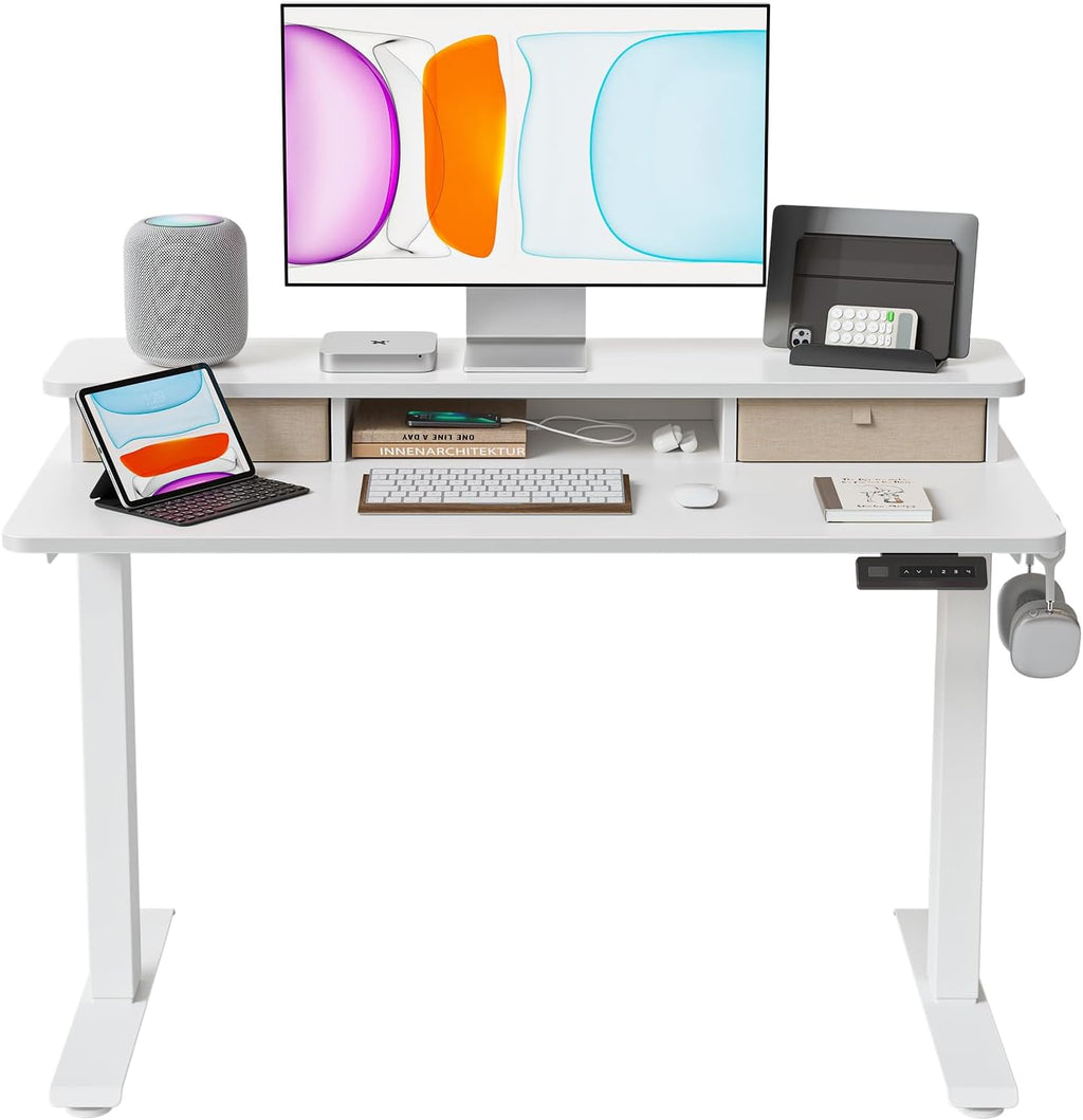 BANTI 40x24 Inch Electric Standing Desk with Dual Drawers, Height Adjustable Stand Up Table, Sit Stand Home Office Desk with Storage Shelf, White Frame/White Top
