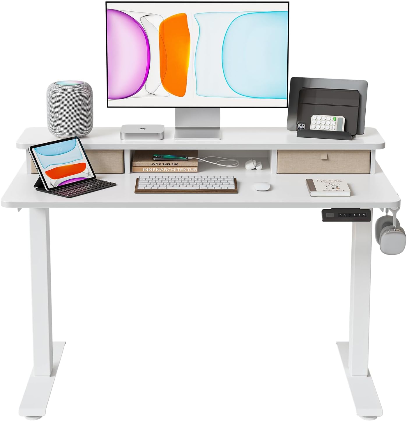 BANTI 40x24 Inch Electric Standing Desk with Dual Drawers, Height Adjustable Stand Up Table, Sit Stand Home Office Desk with Storage Shelf, White Frame/White Top