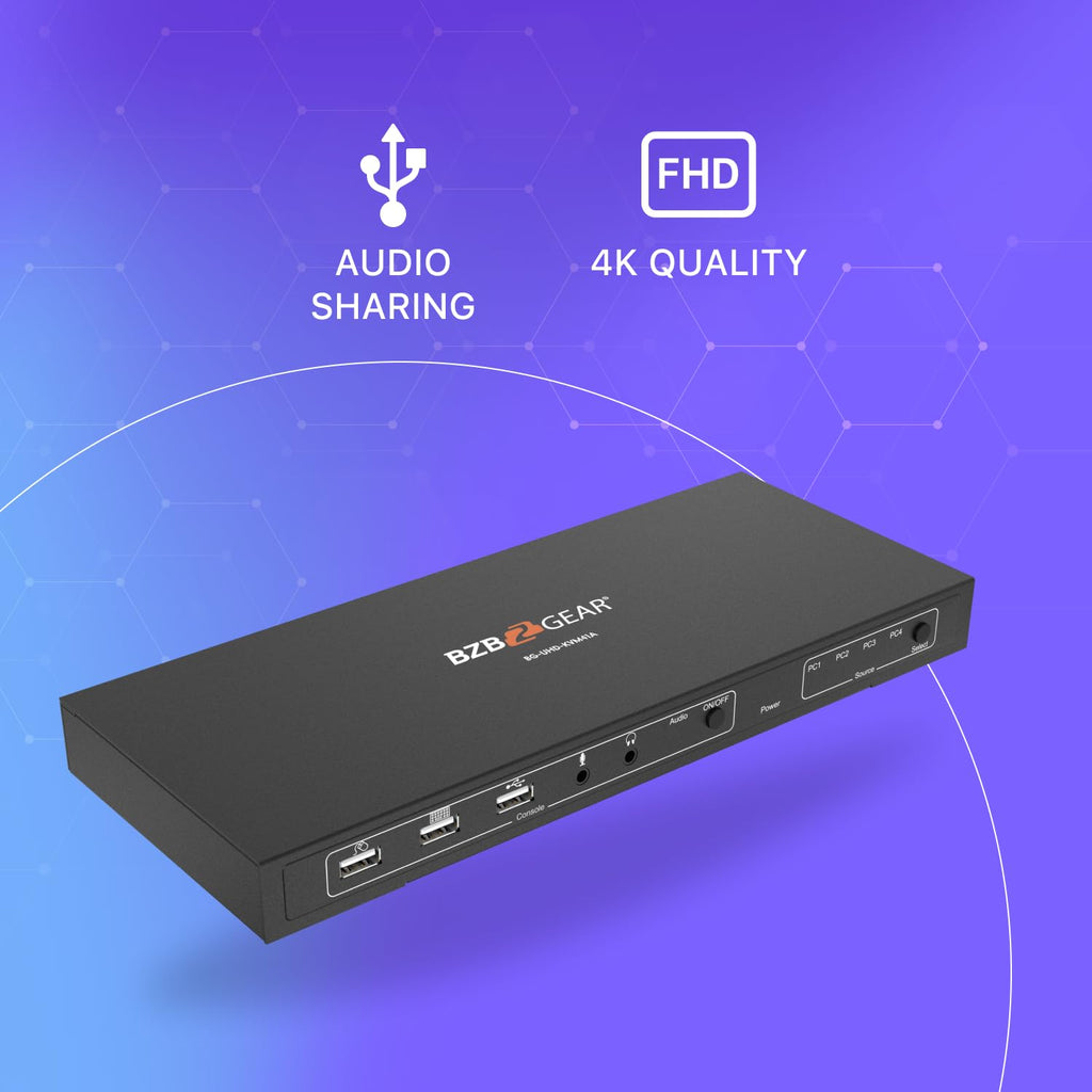 BZBGEAR 4x1 4K UHD KVM Switcher with USB 2.0 Ports for Peripherals and Audio Support - BG-UHD-KVM41A
