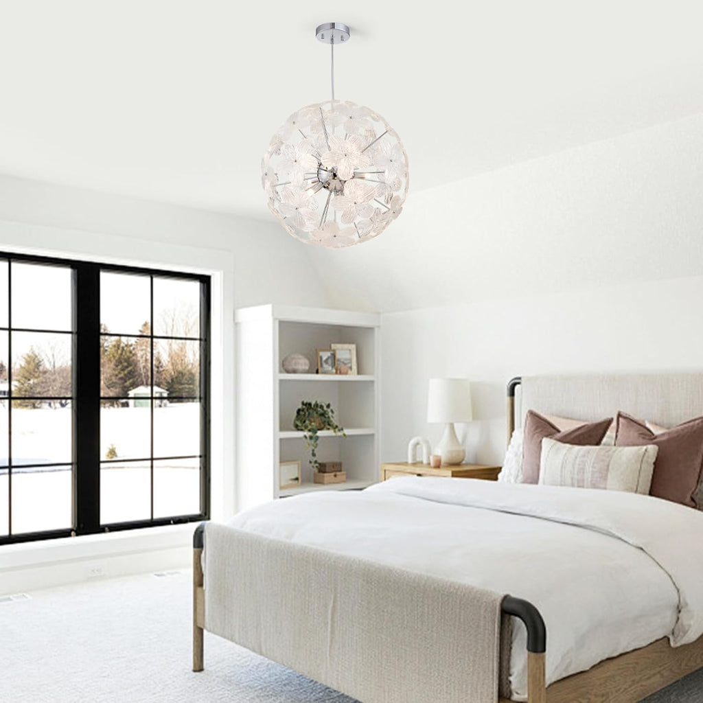 Modern Flower Chandelier Spherical Glass Pendant Light Fixture Height Adjustable Hanging Lamp Semi Flush Mount Ceiling 9 Light for Dining Room, Living Room, Bedroom, Hallway, Kitchen, Foyer