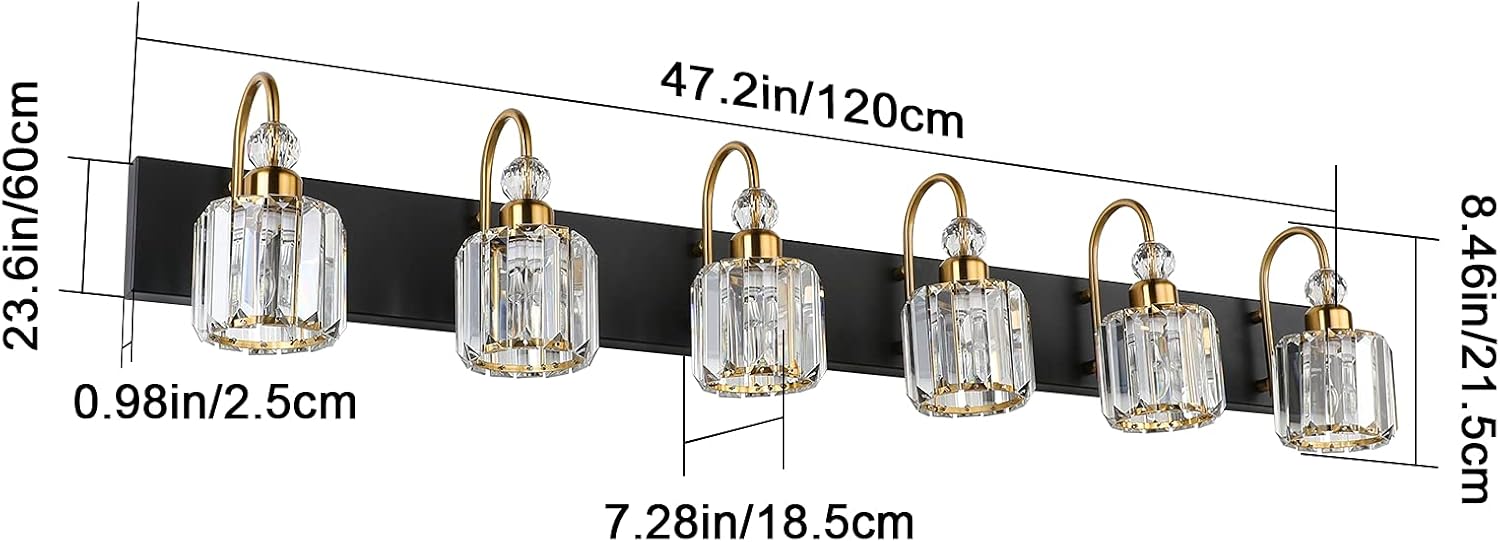 Ralbay Crystal Vanity Lights 6-Lights Modern Crystal Bathroom Vanity Lights Over Long Mirror Modern Black Gold Bathroom Vanity Lighting Fixtures
