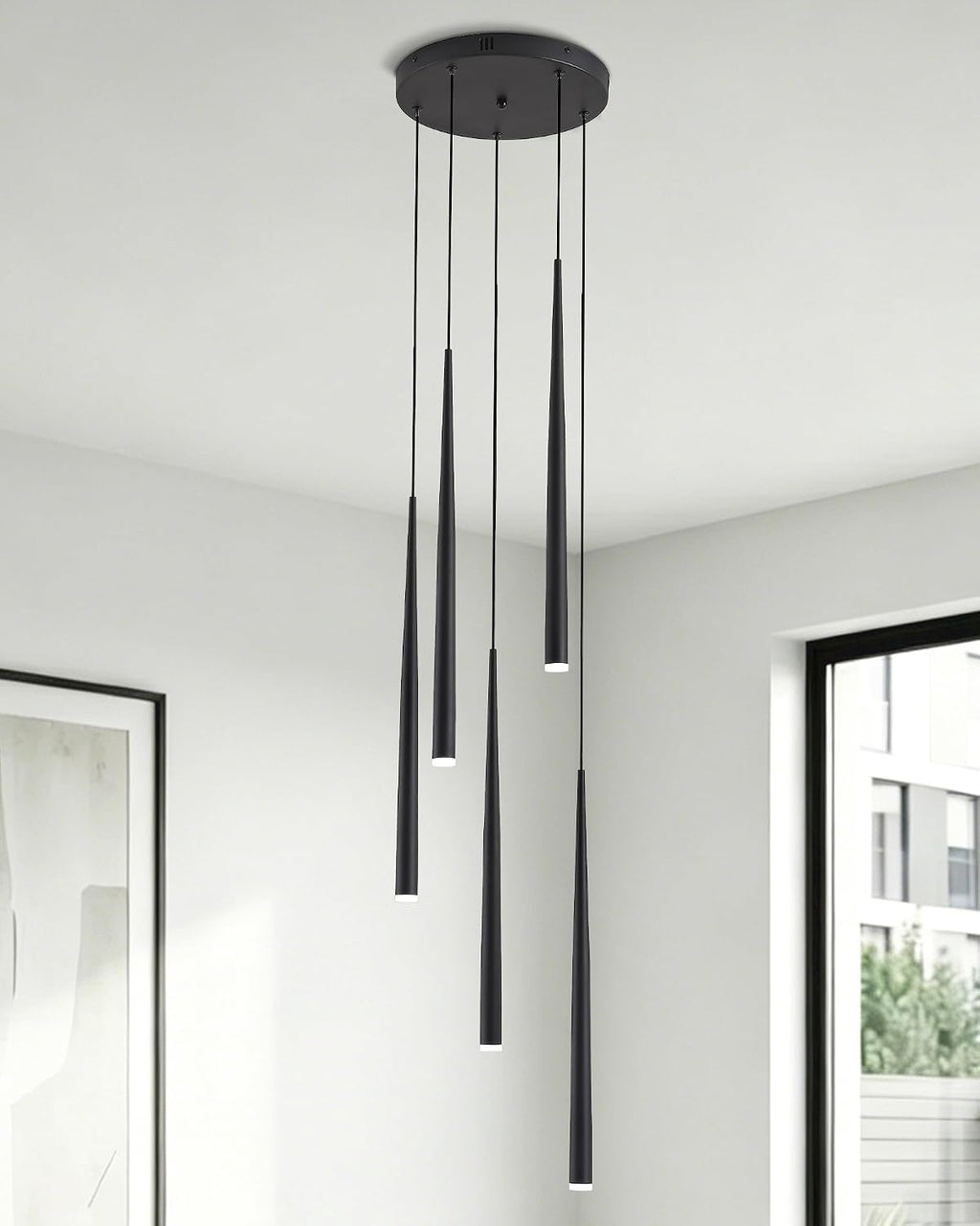 5-Light Modern Black LED Chandelier, High Ceiling Chandelier for Staircase Entryway Foyer, Linear Dimmable Hanging Light Fixture with 3 Color Temperatures