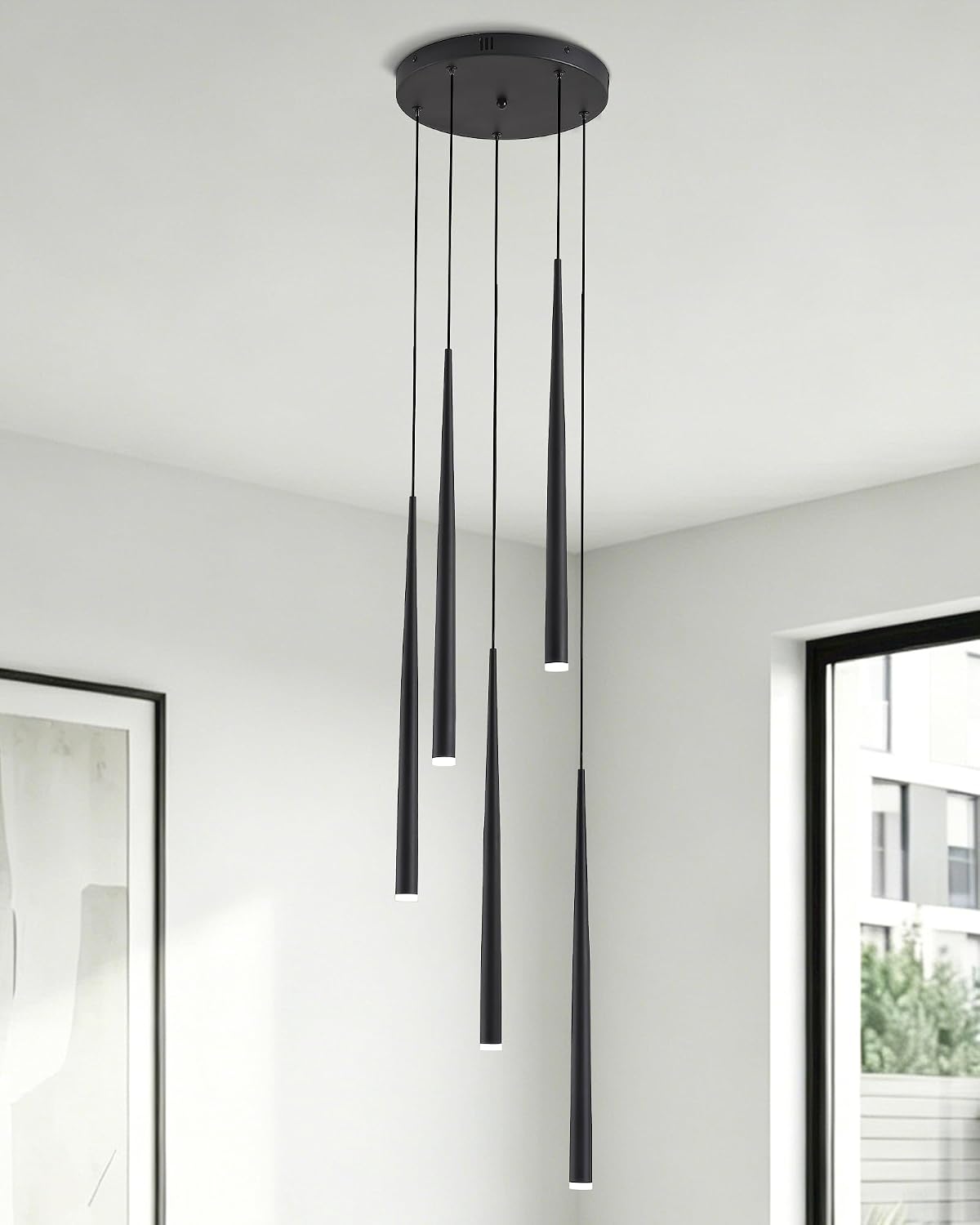5-Light Modern Black LED Chandelier, High Ceiling Chandelier for Staircase Entryway Foyer, Linear Dimmable Hanging Light Fixture with 3 Color Temperatures