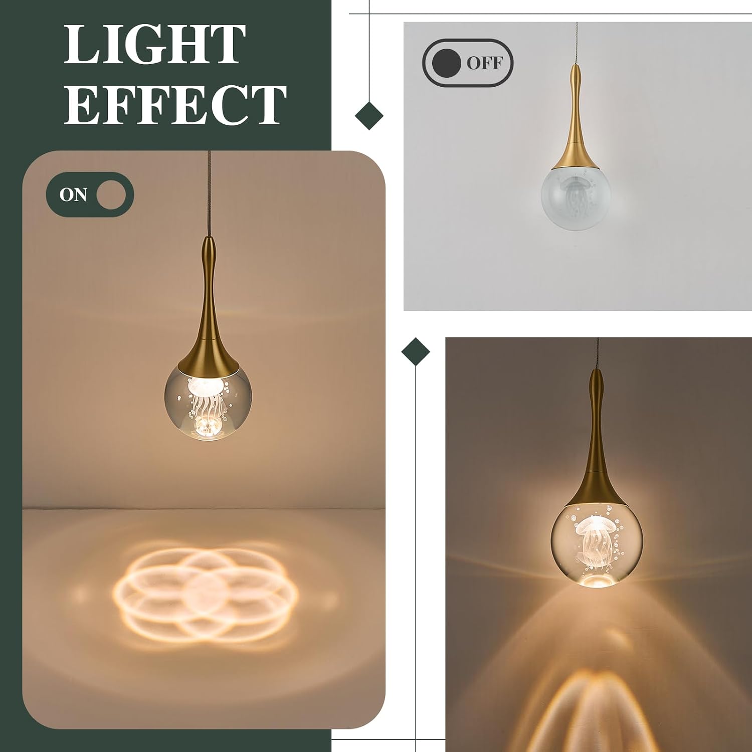 LED Pendant Light Kitchen Island Jellyfish Crystal Pendant Lights Dimmable Gold Modern Hanging Light for Bedroom Bathroom Living Room 3000K Warm White, 3 Pack