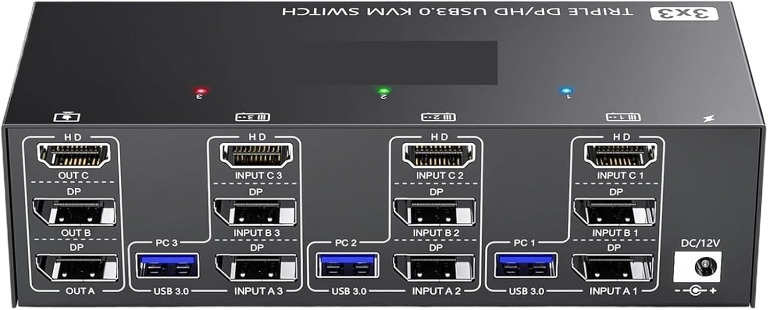 KVM Switch 3 Monitors 3 Computers,HDMI+2 Displayport KVM Switch Triple Monitor for 3 Computer Share 3 Monitor 4 USB3.0 Devices(303DH US Plug)