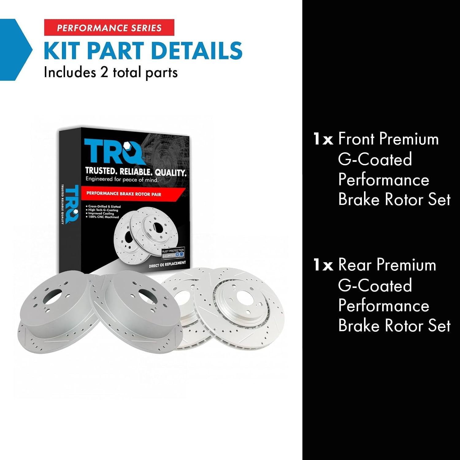 TRQ Performance Front and Rear Brake Rotor Set G Coated Drilled and Slotted Vented Solid Compatible with 2010-2015 Lexus RX350 RX450h 2014-2019 Toyota Highlander 2011-2020 Sienna