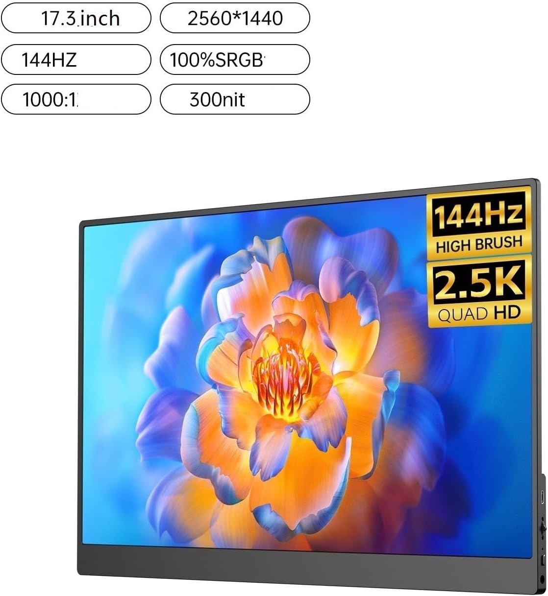 Portable Monitor for Laptop 17.3 Inch 144hz 2.5K IPS Laptop External Expansion Screen 100% SRGB 300nit Portable Monitor Portable Gaming Monitor