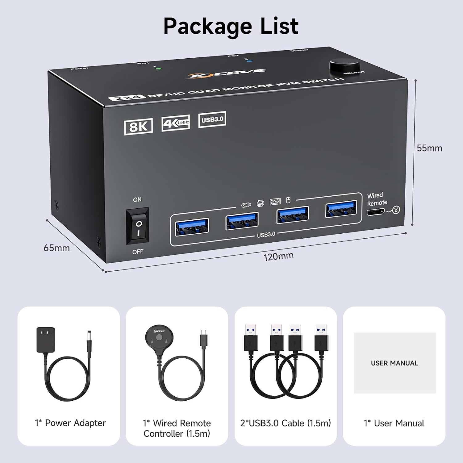 Quad Monitor KVM Switch 4 Monitors 2 Computers 4K120Hz/8K@30Hz,USB 3.0 KVM Switch Quad Monitor for 2 PC Share 4 Monitors and Keyboard and Mouse,with Wired Remote and USB Cables,Input 2 HD+2 DP Port