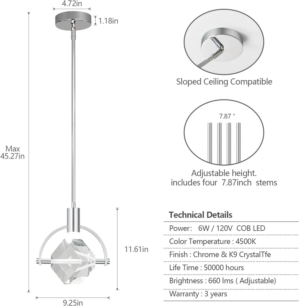 Pendant Ceiling Light Fixture for Kitchen Island, Modern Mini Integrated LED Hanging Light, Crystal Pendant Light in Chrome, Bedroom, Dining Room, Bar (1-Lights)