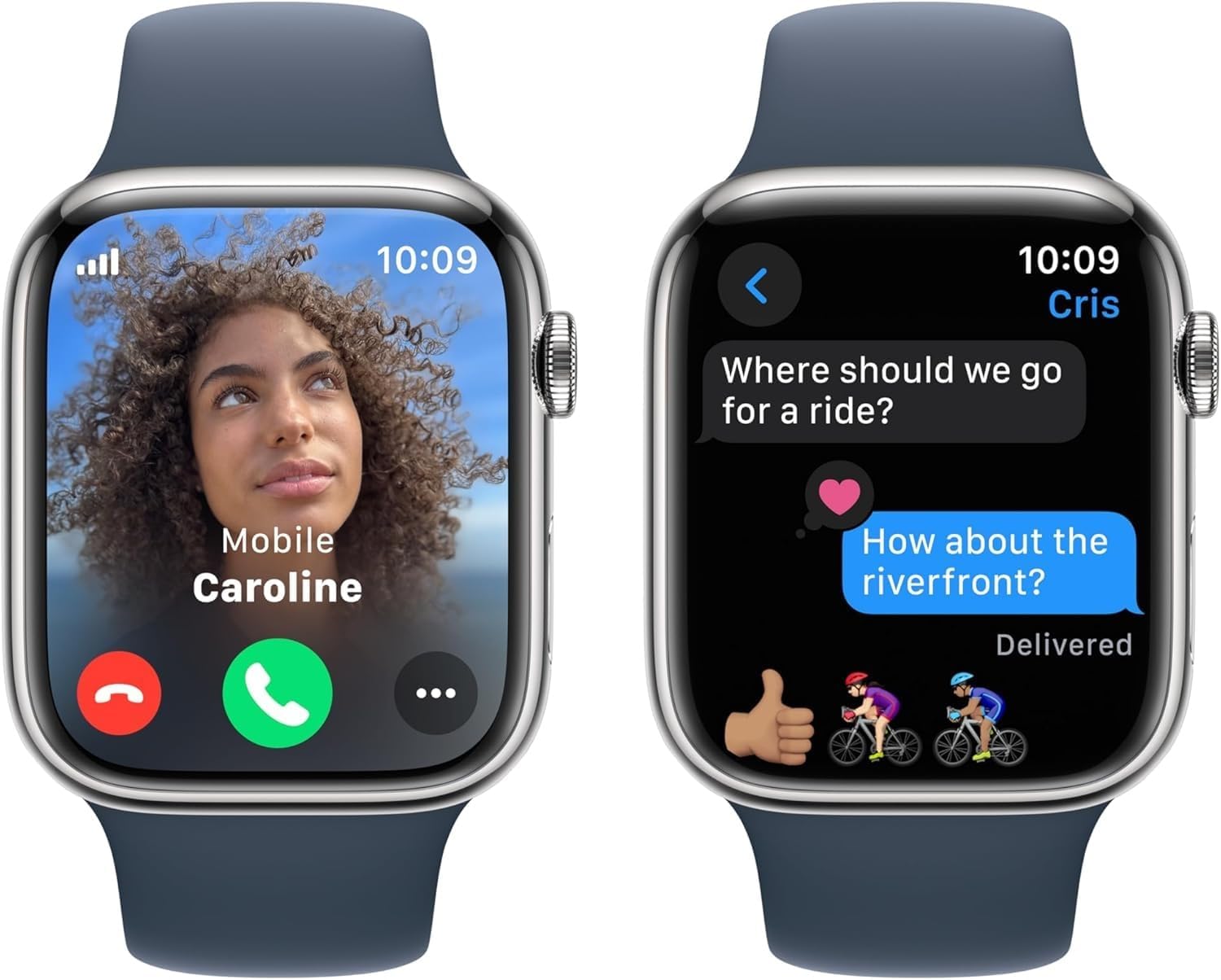 Apple Watch Series 9 [GPS + Cellular, 45mm] - Silver Stainless Steel Case with Storm Blue Sport Band, M/L (Renewed Premium)