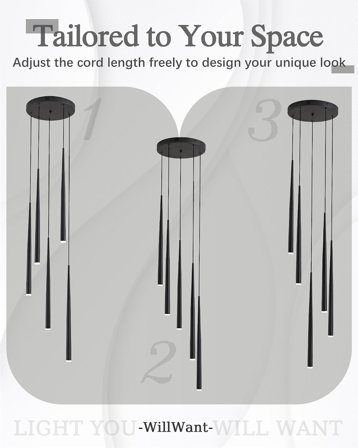 5-Light Modern Black LED Chandelier, High Ceiling Chandelier for Staircase Entryway Foyer, Linear Dimmable Hanging Light Fixture with 3 Color Temperatures