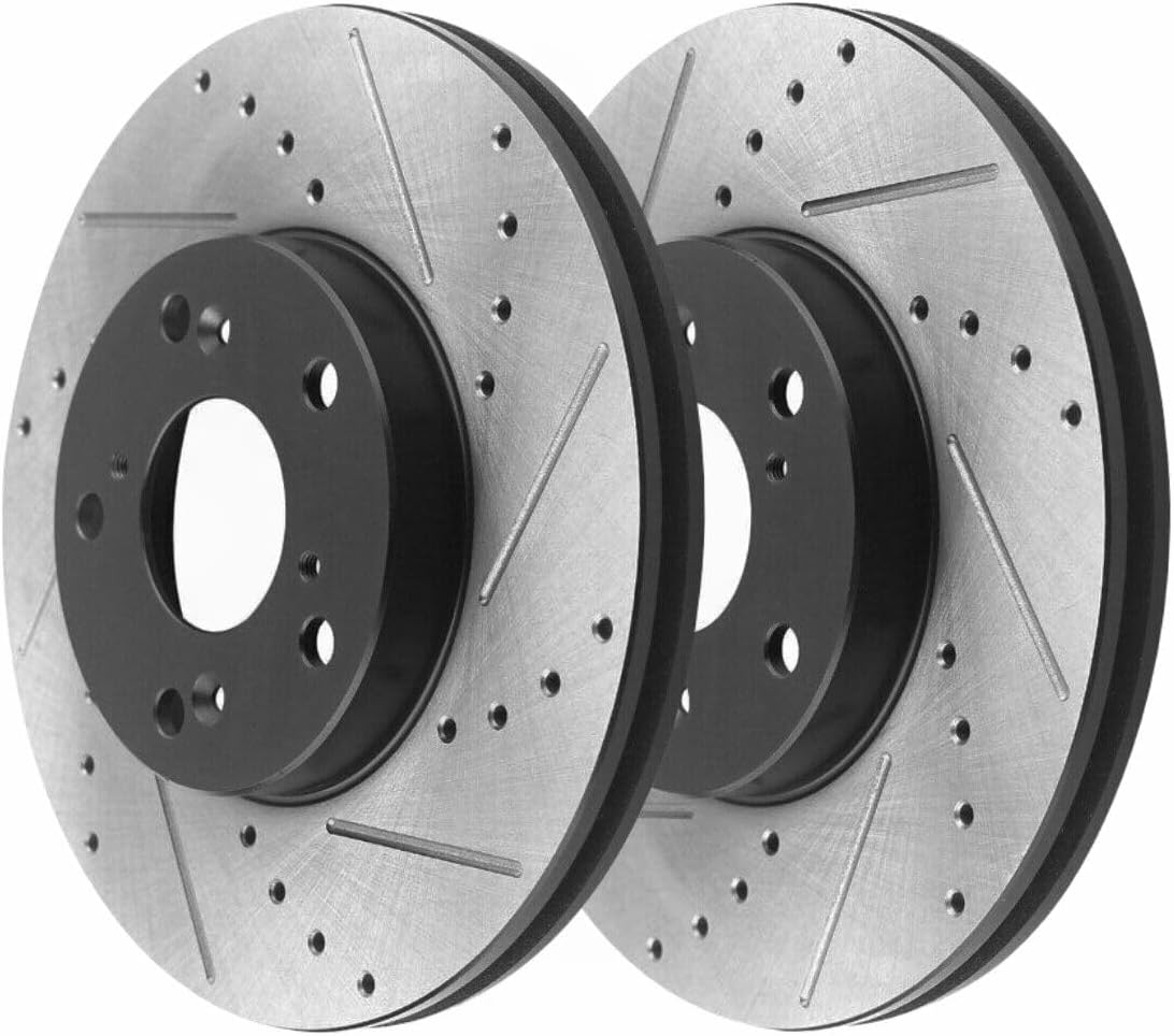 Front Driver and Passenger Side Drilled Slotted Ceramic Power Disc Set Kit Brake Rotors and Pads for Acura for CSX 2007-2010 for Honda for Civic 2006-2011
