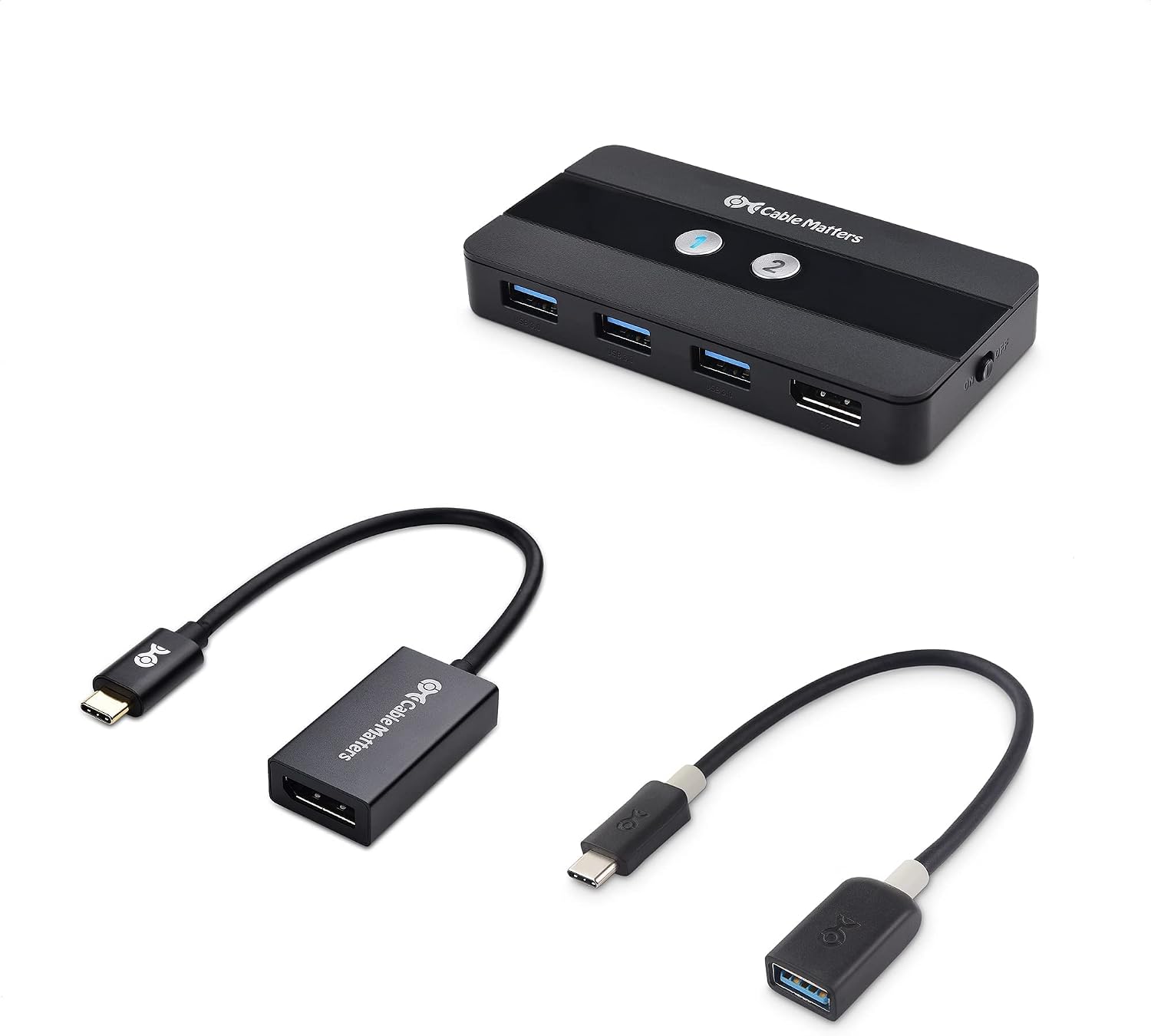 Cable Matters USB 3.0 KVM Switch DisplayPort 1.4 for 2 Computers, USB C to DisplayPort 1.4 Adapter, and USB C to USB Adapter Bundle