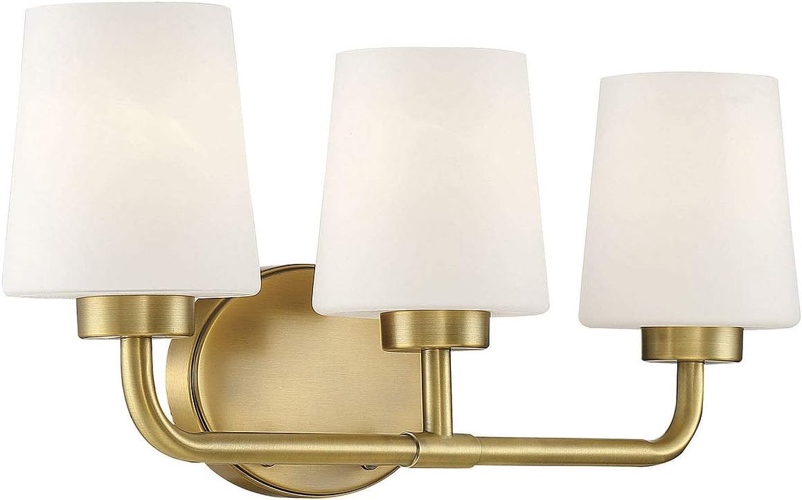 Savoy House 8-4090-3-322 Capra Mid-Century Modern White Opal Glass Bathroom Vanity Wall Light, 3-Light 180 Total Watts, 9' H x 22' W, Warm Brass
