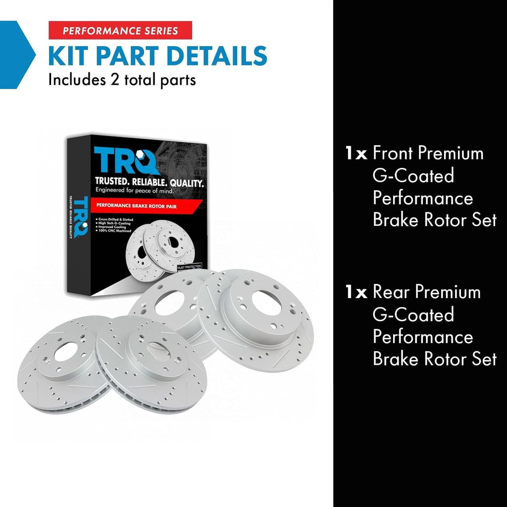 TRQ Performance Front and Rear Brake Rotor Set G Coated Drilled and Slotted Vented Solid Compatible with 2003-2007 Honda Accord 2004-2008 Acura TSX