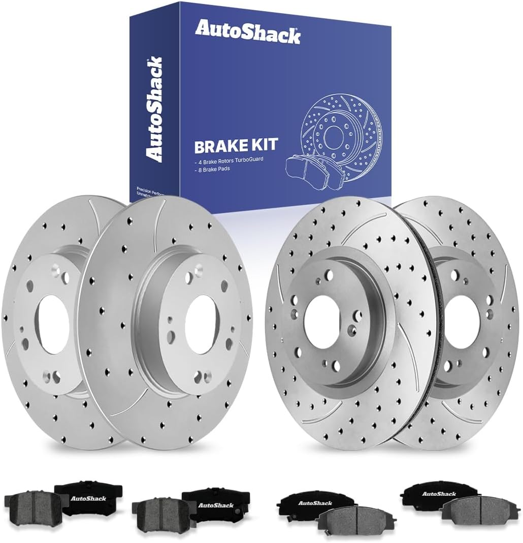 AutoShack Front & Rear Brake Rotors & Premium Pads for Honda & Acura, Civic 2006-2011 CSX 2007-2010, FWD L4 2.0L - Coated Drilled & Slotted - Silver Matte Finish - TurboGuard