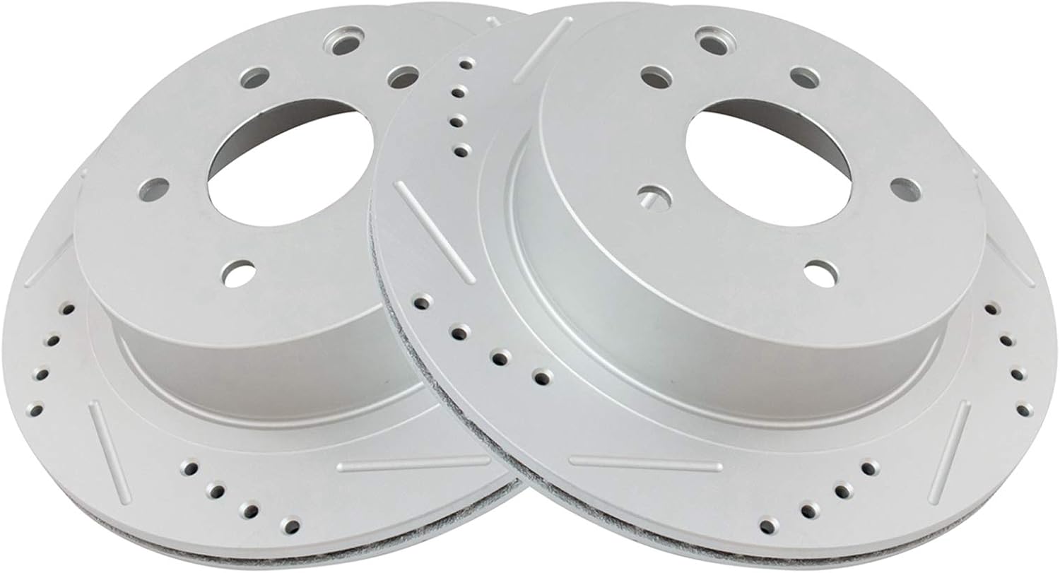 TRQ Performance Front and Rear Brake Rotor Set G Coated Drilled and Slotted Vented Compatible with 2008-2013 Nissan Rogue 2014-2015 Rogue Select