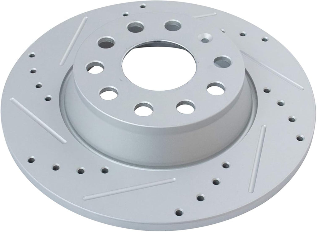 TRQ Performance Front and Rear Brake Rotor Set G Coated Drilled and Slotted Compatible with 2006-2009 Audi A3 2015 Audi Q3 2005-2017 Volkswagen Jetta GTI Passat CC Tiguan Eos 2018 Tiguan Limited