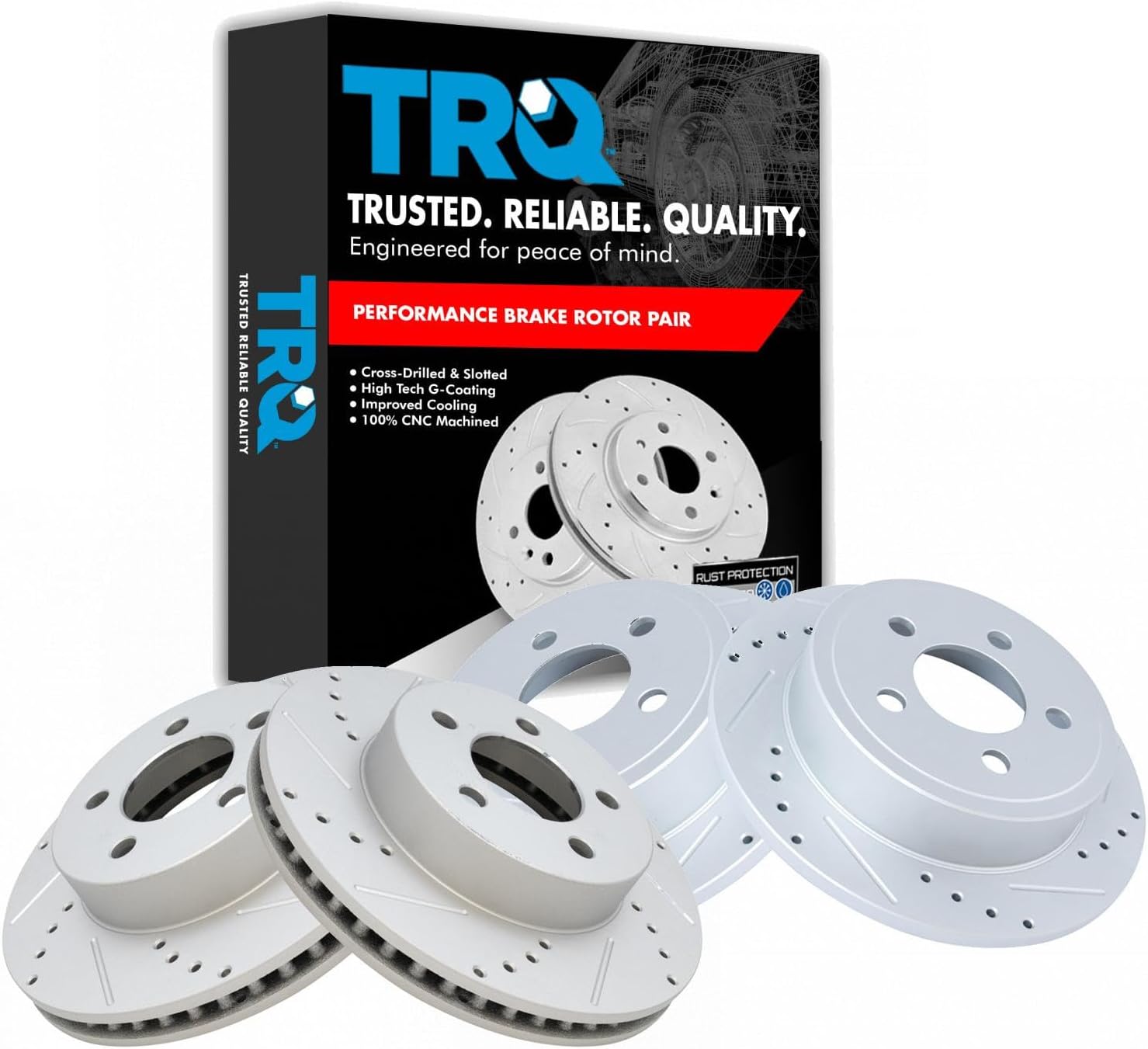 TRQ Performance Front and Rear Brake Rotor Set G Coated Drilled and Slotted Compatible with 2003-2007 Jeep Liberty
