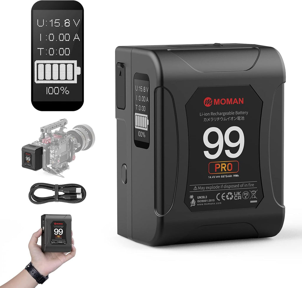 Moman V-Mount Battery, Power 99 Camera bettert Mini V Lock Batterys 99Wh/6900mAh with Touch Button&LED Display for Smallrig BMPCC 4k 6k Camera Camcorder Monitor 65W PD USB-C/A/D-Tap 14.4V/DC/BP Port