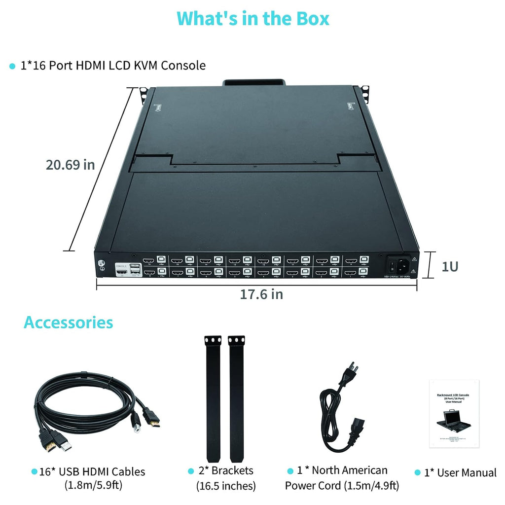16 Port HDMI Rack Mount KVM Console 17.3-Inch 1080P with HDMI KVM Cables, Standard 1U Height KVM Switch Drawer+ Rackmount Monitor+ Keyboard+Touchpad, OSD/Hotkey/Button Switching, Fits 19'' Rack