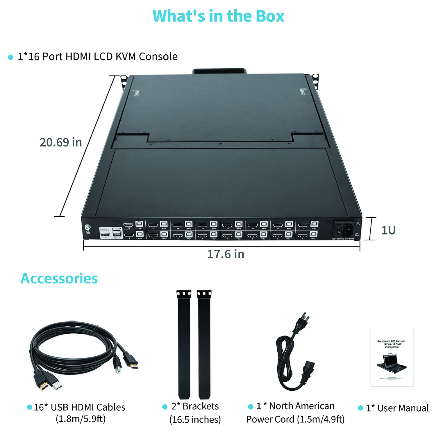 16 Port HDMI Rack Mount KVM Console 17.3-Inch 1080P with HDMI KVM Cables, Standard 1U Height KVM Switch Drawer+ Rackmount Monitor+ Keyboard+Touchpad, OSD/Hotkey/Button Switching, Fits 19'' Rack