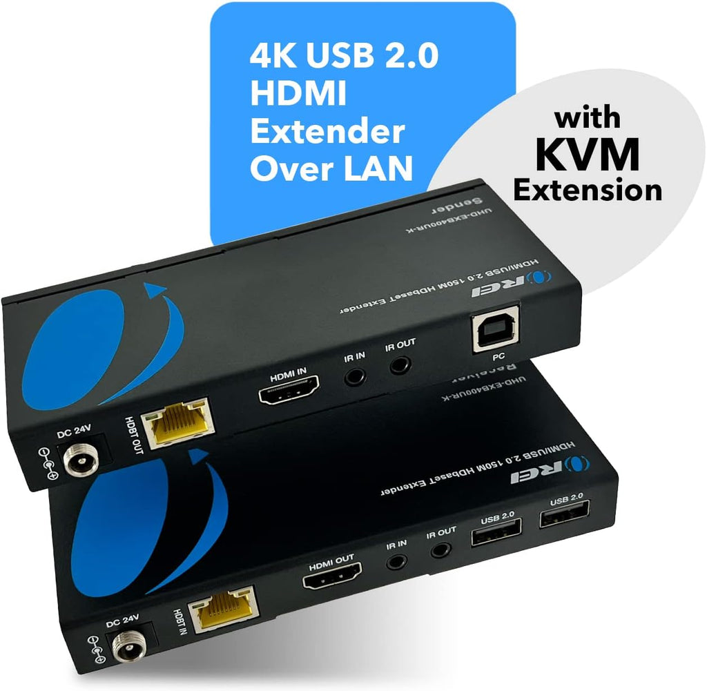 OREI 4K USB 2.0 HDMI Extender Over LAN HDBaseT PoC Single CAT5e/CAT6A/CAT7 Cable 4K @ 60Hz - Up to 400 Ft 4:4:4 - KVM Webcam Remote Keyboard Mouse USB Control - Digital Full HD