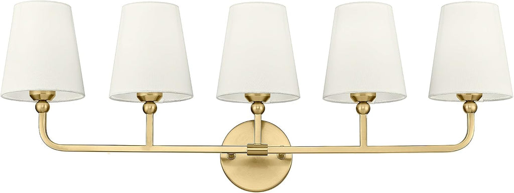 5-Light Bathroom Light Fixtures, Brushed Gold Vanity Lights with Flared Beige Fabric Shade, 35 Inch Wall Sconce, Vintage Sconces Wall Lighting for Hallway Bedroom, VL837-BG-B-5