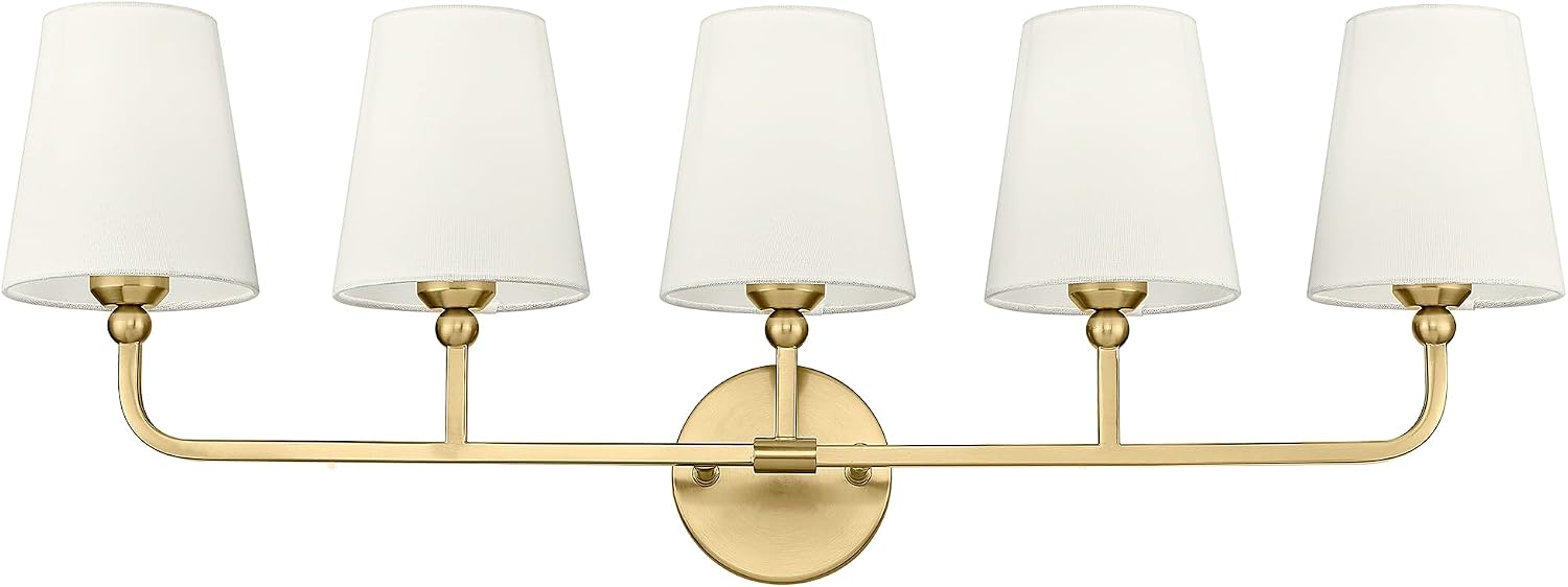 5-Light Bathroom Light Fixtures, Brushed Gold Vanity Lights with Flared Beige Fabric Shade, 35 Inch Wall Sconce, Vintage Sconces Wall Lighting for Hallway Bedroom, VL837-BG-B-5