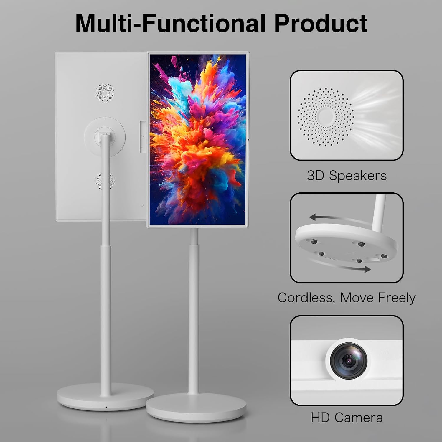 yezrow® Portable TV on Wheels, UHD 4K Portable Touch Screen Monitor, 8+128GB, Android 13 (Support Google Play Store), Built-in Battery(5-8H), Full Swivel Rotation, Voice Remote Control (32 inches Pro)