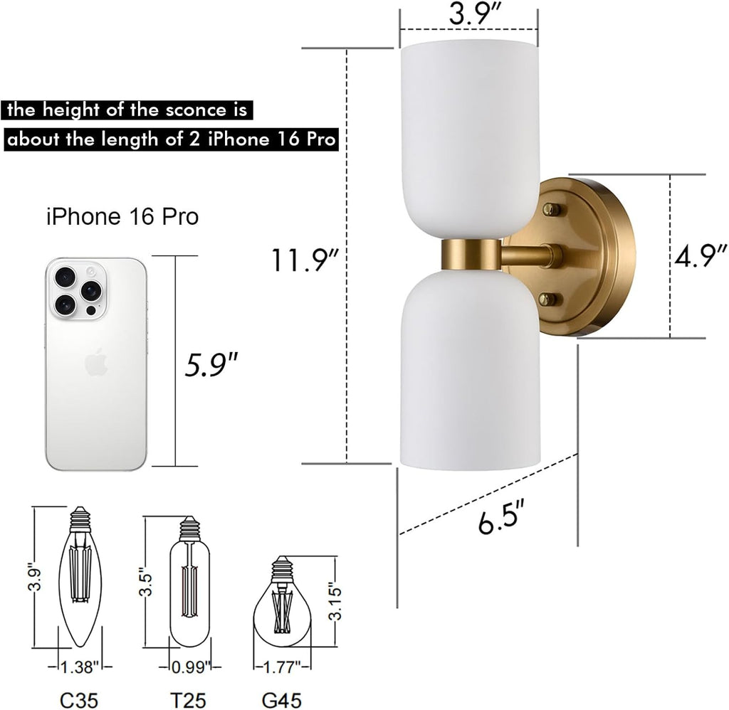 CLAXY Gold Wall Sconces 2-Light Modern Bath Vanity Light Milk White Glass | Se of 2, Dual Cyliner Opal Glass Shades, Dimmable Hardwired Wall Lights Over Mirror Bedroom Stairway Living Room Corridor