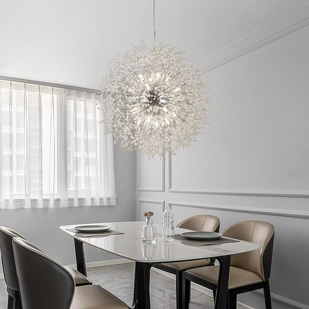 Modern Crystal Chandelier Firework, 31.4' Dandelion Crystal Chandelier Lighting Chrome, 16-Light Steel Large Pendant Sputnik Chandelier for Living Room Foyer