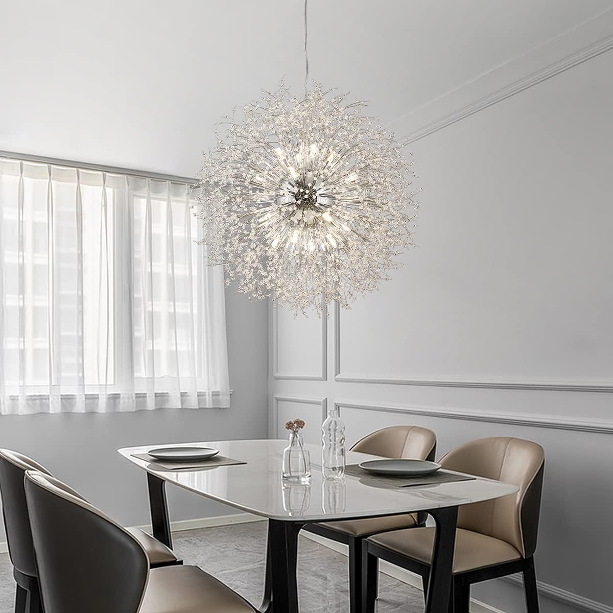 Modern Crystal Chandelier Firework, 31.4' Dandelion Crystal Chandelier Lighting Chrome, 16-Light Steel Large Pendant Sputnik Chandelier for Living Room Foyer