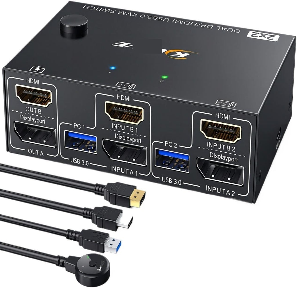 USB 3.0 Dual Monitor KVM Switch HDMI+Displayport 4K@60Hz,2K@120Hz KVM Switch for 2 Computer Share 2 Display and 4 USB3.0 Devices