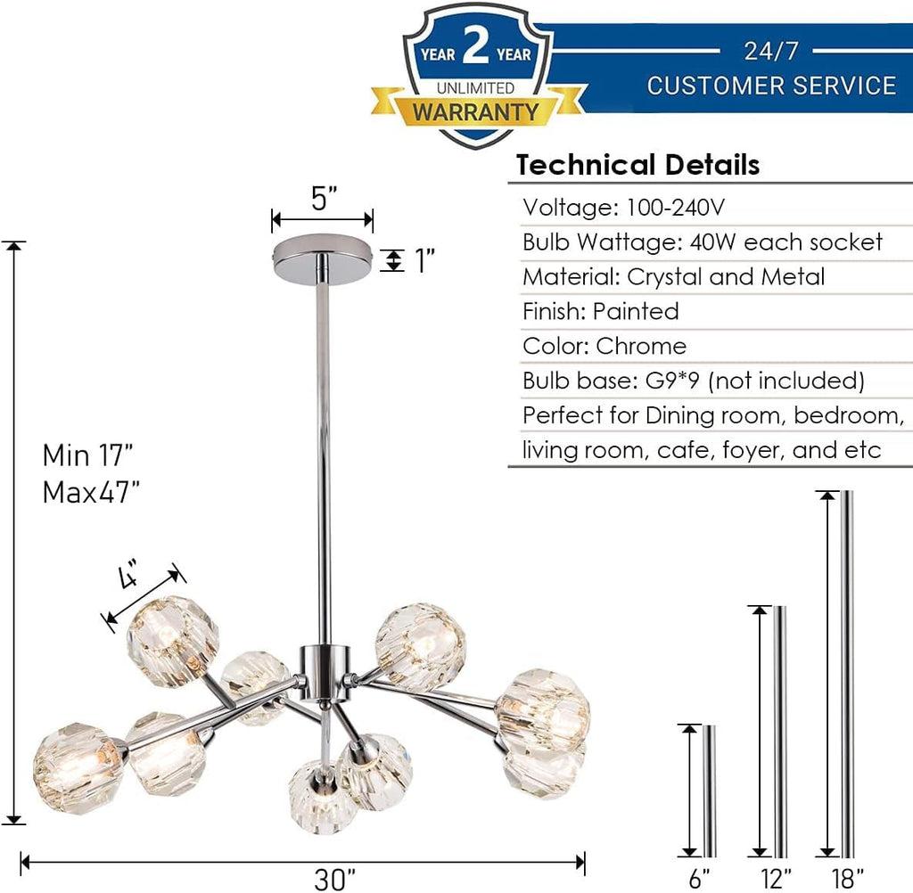 Weesalife Sputnik Chandeliers for Dining Room Light Fixture Over Table, Modern Crystal Chandeliers, 9 Lights Chrome Lighting Fixtures for Living Room Bedroom Kitchen Island Bar