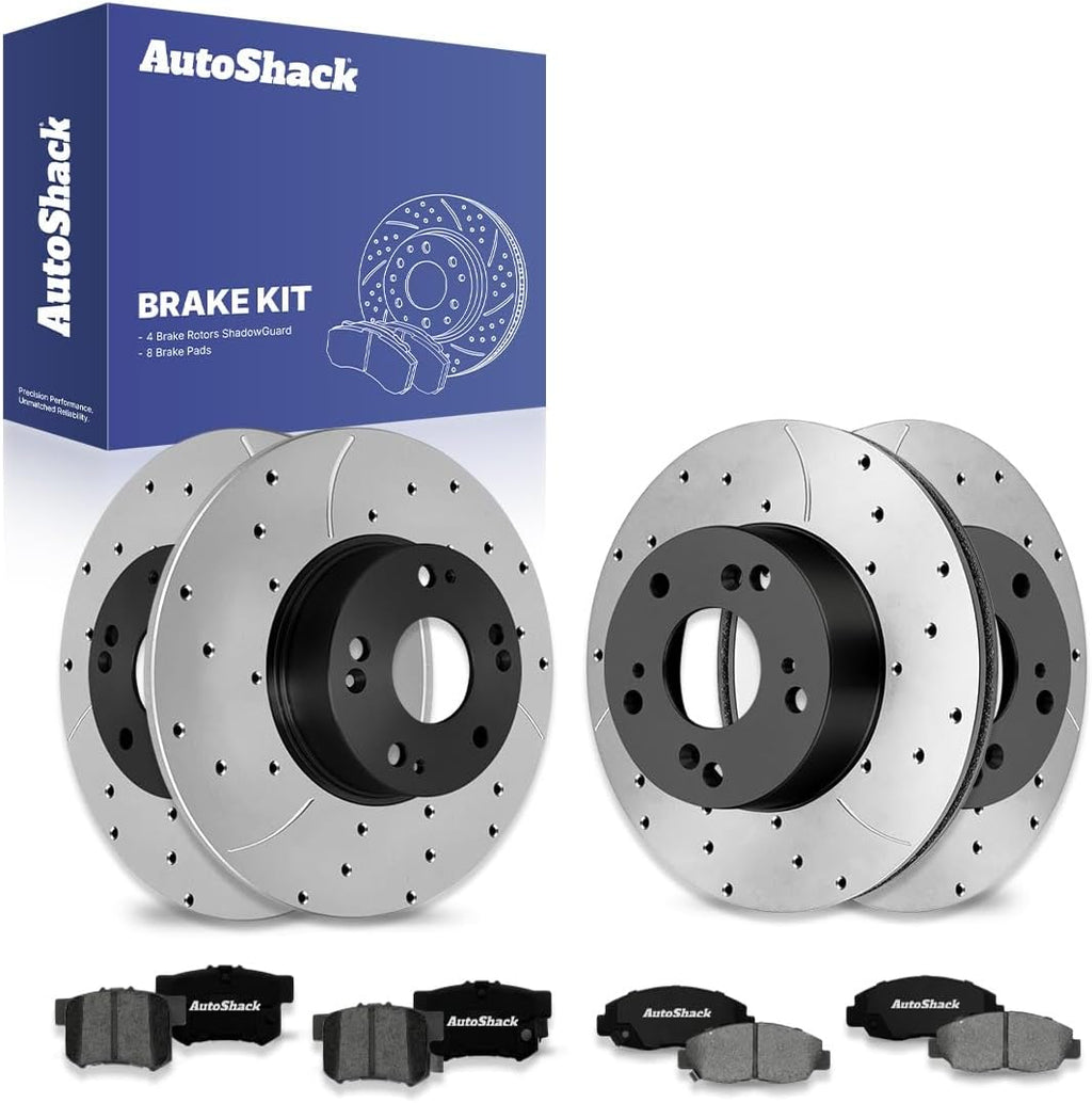 AutoShack Front & Rear Brake Rotors & Premium Pads for Honda, Civic 2006-2011, FWD L4 1.8L - E-Coated Drilled & Slotted - ShadowGuard
