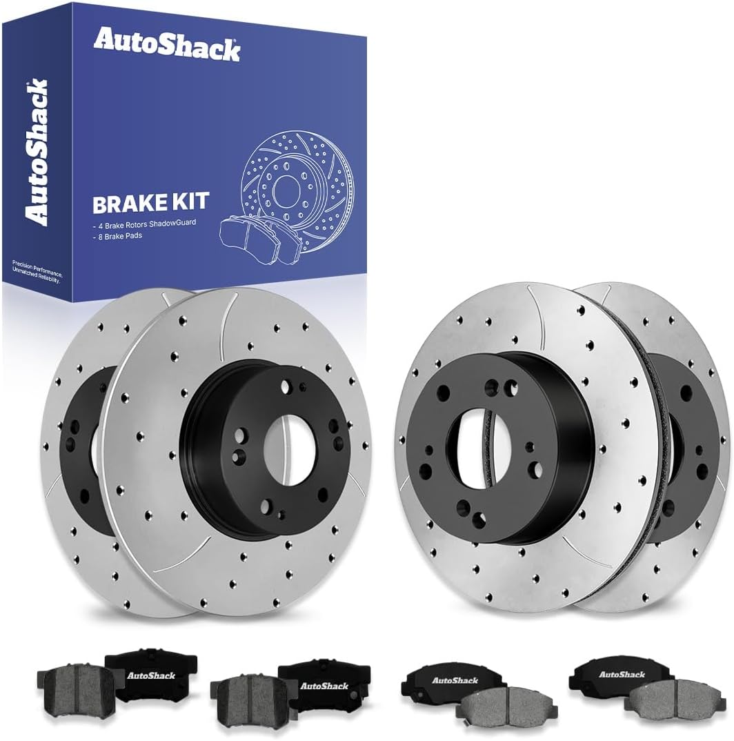 AutoShack Front & Rear Brake Rotors & Premium Pads for Honda, Civic 2006-2011, FWD L4 1.8L - E-Coated Drilled & Slotted - ShadowGuard