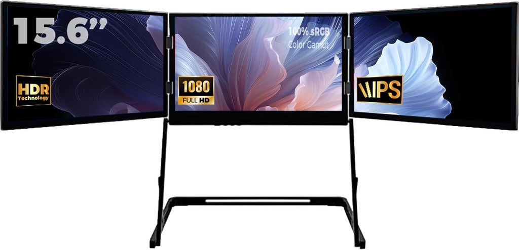 Three Screen Monitor for Laptop, Screen Extender, 15.6-inch 1080P, with 360-degree Rotation, Adjustable Angles, Portable Monitor, for Windows/Linux/Mac Black