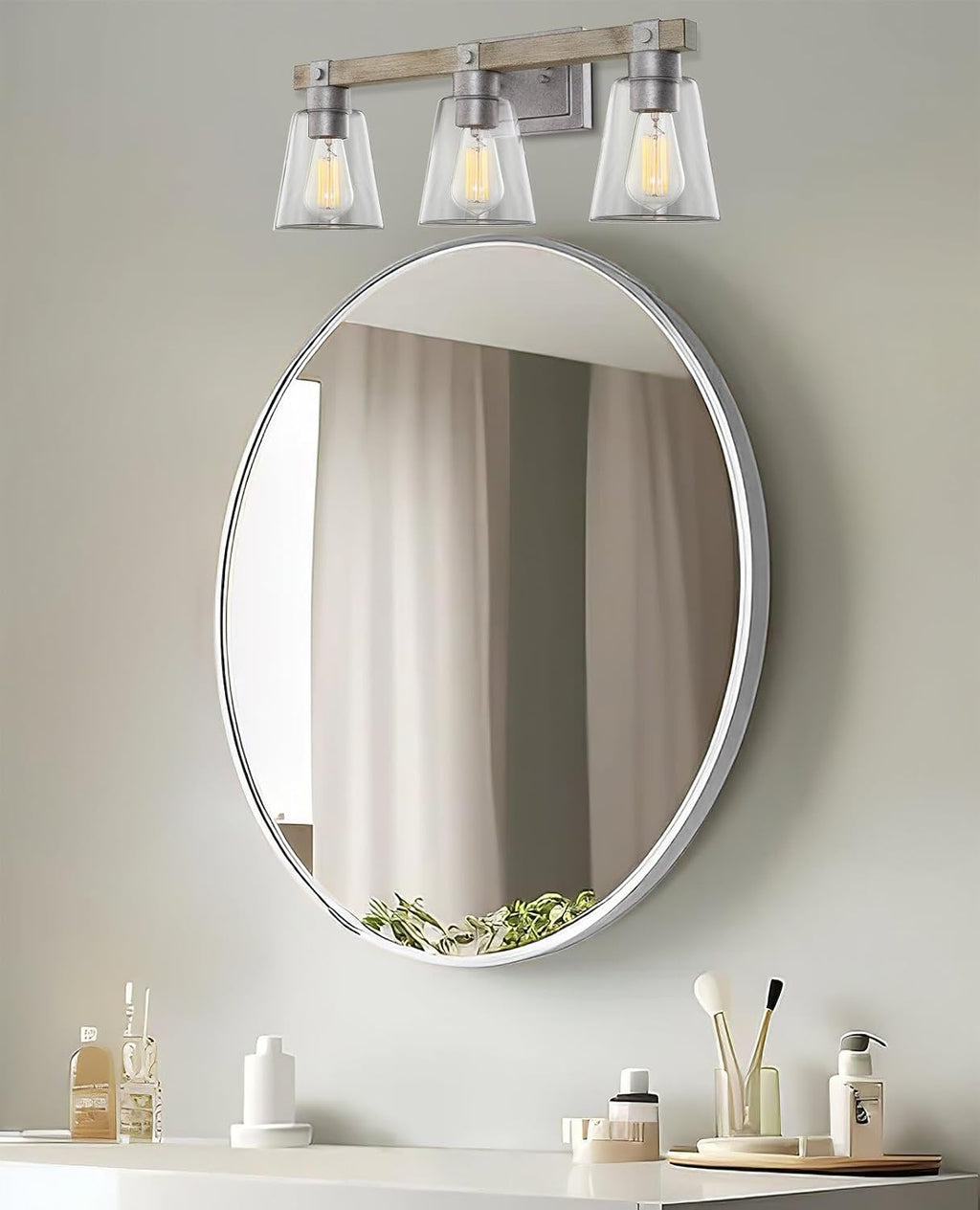 Kira Home Asher 23' 3-Light Farmhouse Vanity Light with Clear Tapered Shades, Hand-Painted Wood Grain Metal Bathroom Light, Bleached Oak Wood and Galvanized Steel Finish