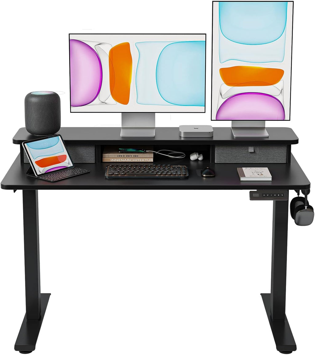 BANTI 48x24 Inch Electric Standing Desk with Dual Drawers, Height Adjustable Stand Up Table, Sit Stand Home Office Desk with Storage Shelf, Black Frame/Black Top
