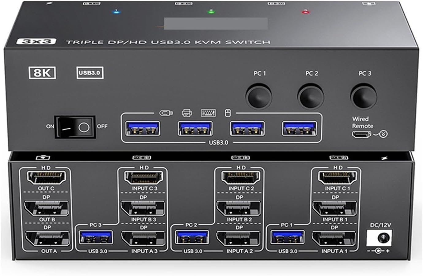 KVM Switch 3 Monitors 3 Computers 8K@60Hz,HDMI + 2* Displayport Triple Monitor KVM Switch with 4 USB 3.0 Ports for Keyboard(EU Power Plug)