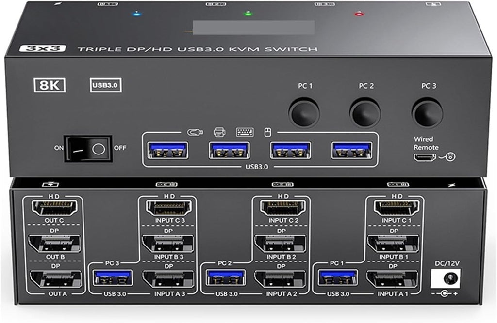 KVM Switch 3 Monitors 3 Computers 8K@60Hz,HDMI + 2* Displayport Triple Monitor KVM Switch with 4 USB 3.0 Ports for Keyboard(AU Power Plug)