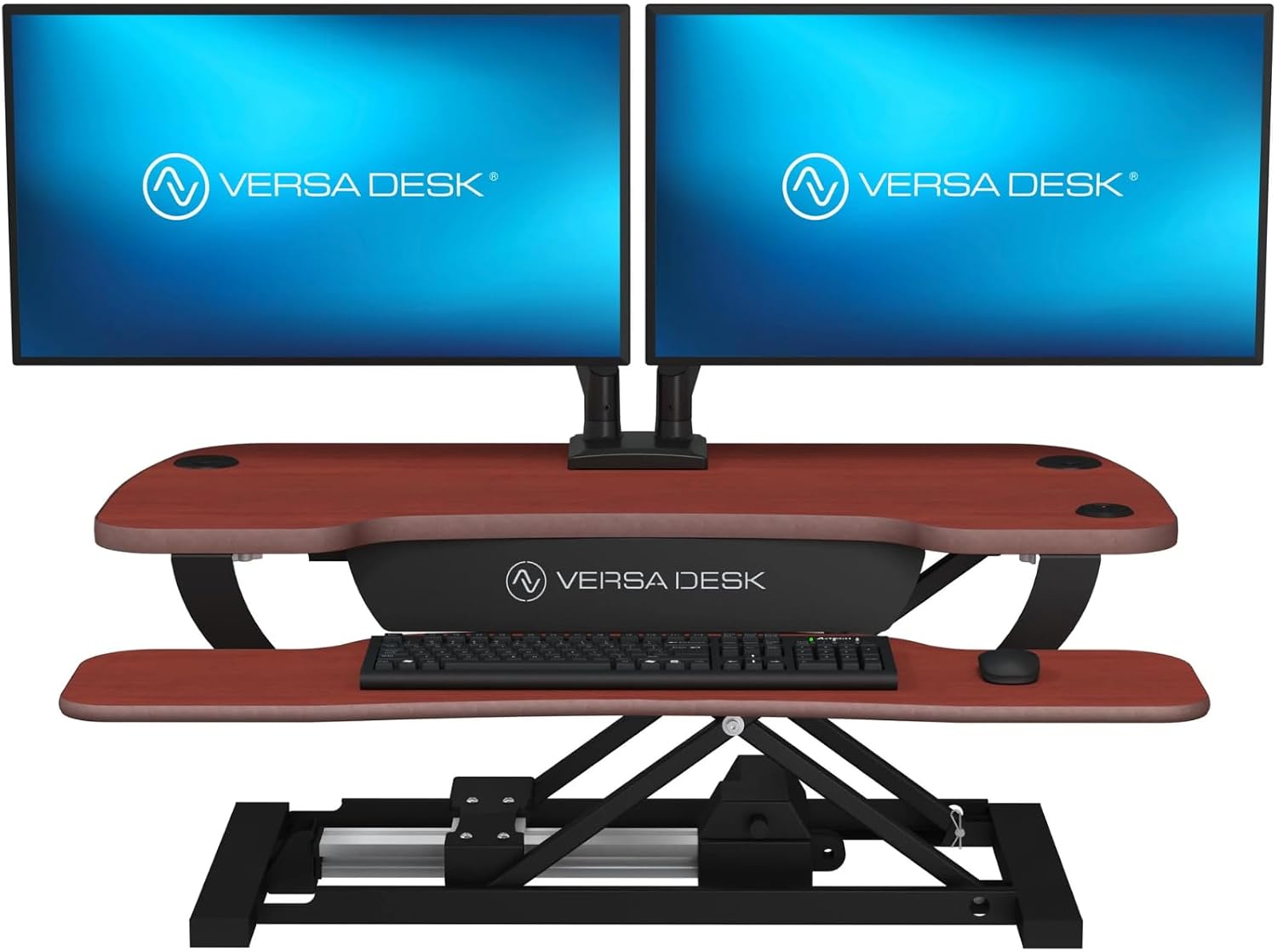 VERSADESK PowerPro 36' x 24' Standing Desk Converter | 7.75' - 23.5' Electric Height Adjustable Sit to Stand Desk Riser w/ Keyboard Tray & USB Hub - Ergonomic Workstation for Home & Office, Cherry