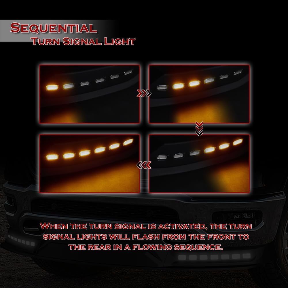 Stay-Tuned, Unpainted Black ABS Plastic Front Bumper Lip Spoiler Body Kit+LED Sequential Running Lights, Fit for 2019-2024 Dodge Ram 1500, Auto Exterior Accessory, 3PC (+Running Light)