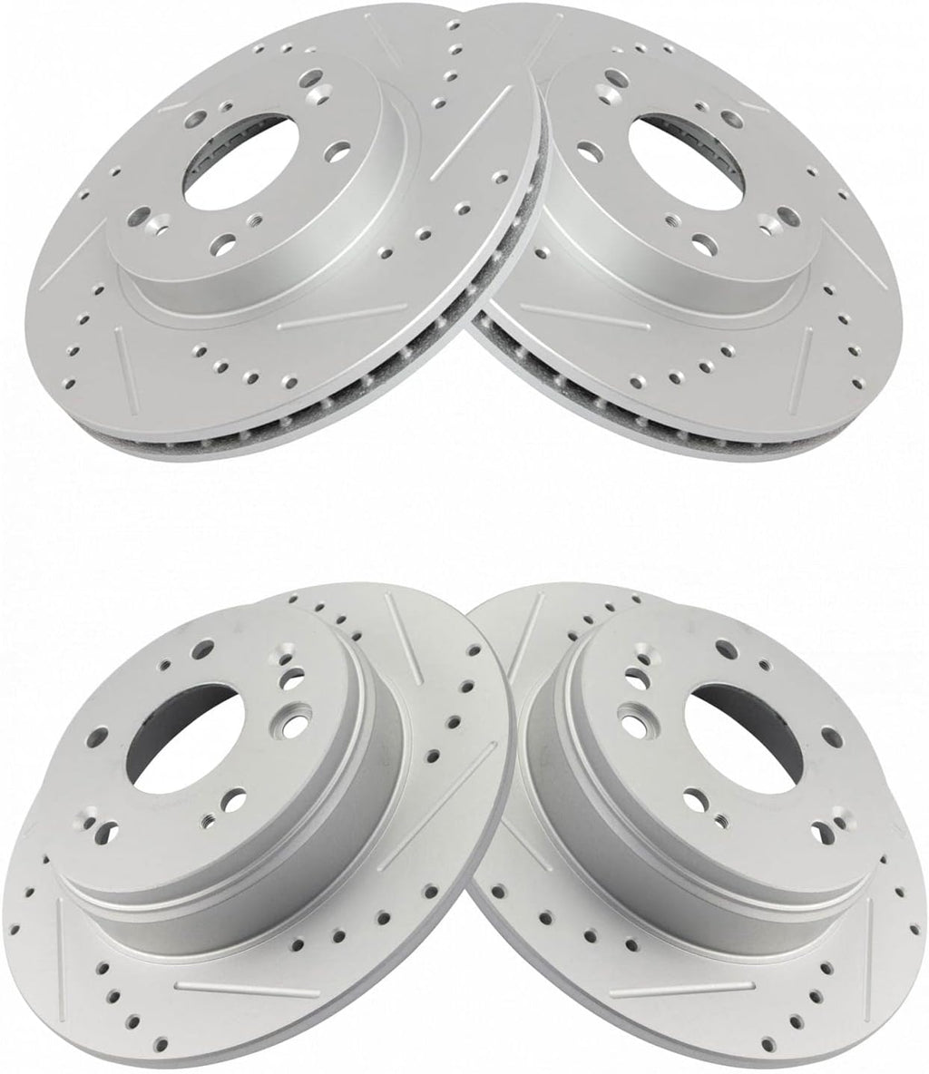 TRQ Front and Rear Performance Brake Rotors Set Premium G-Coated Cross Drilled & Slotted Compatible with 2002-2004 Honda CR-V