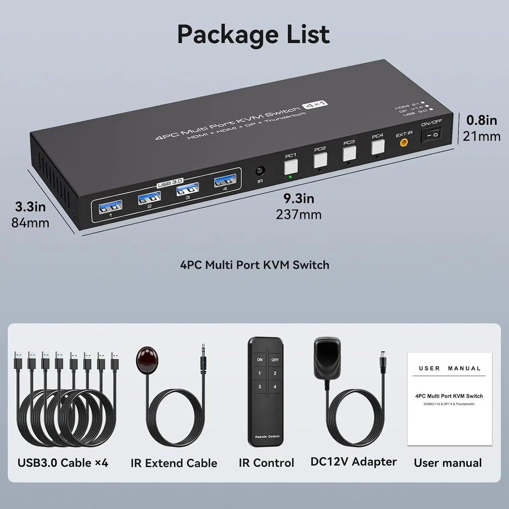 8K 60Hz 2 HDMI + Displayport Thunderbolt4 KVM Switches for 4 PC Share 1 Monitor,8K Support Extend IR Control and IR Control(US Power Plug)