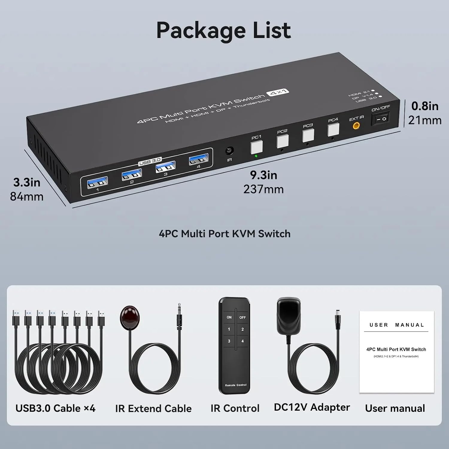 8K 60Hz 2 HDMI + Displayport Thunderbolt4 KVM Switches for 4 PC Share 1 Monitor,8K Support Extend IR Control and IR Control(US Power Plug)