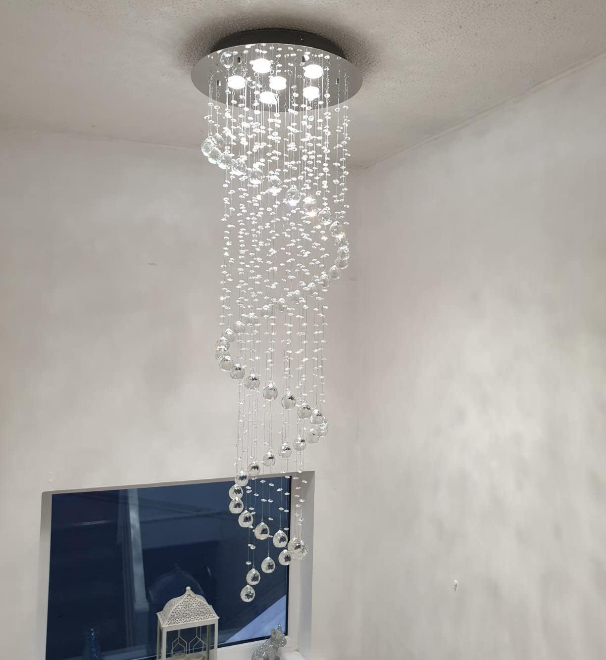 Elegant Spiral Crystal Chandelier Lighting, Clear K9 Crystal Raindrop LED Ceiling Lights Chrome Flush Mount Pendant Light Fixture for Livingroom Dining Room Hallway Stairway Foyer (D20'' H62'')