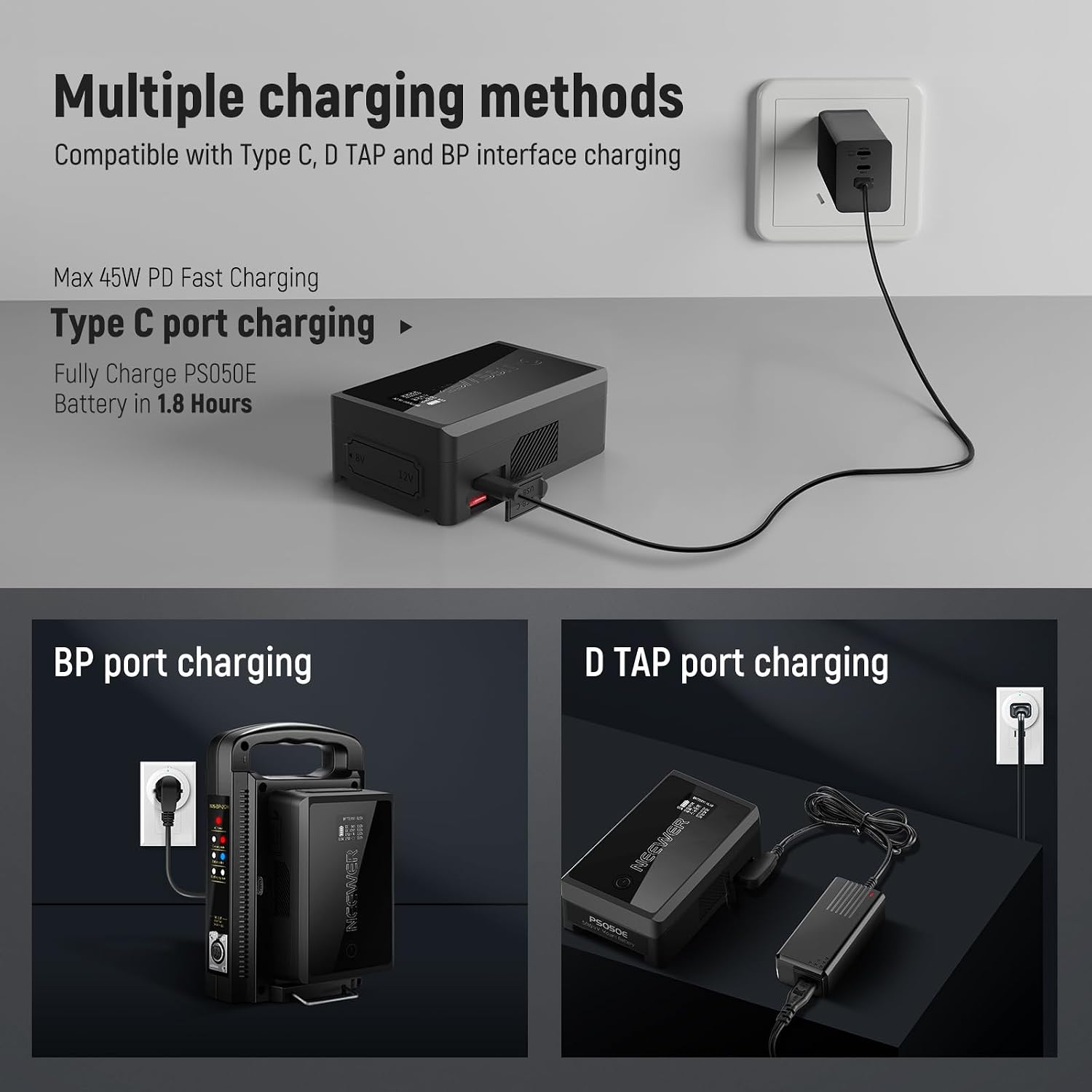 NEEWER Mini V Mount Battery, 45W PD Fast Charging, 3450mAh 50Wh 14.54V V Lock Battery with D Tap/USB C/USB A/BP/2 DC Ports/OLED Screen/Cleaning Cloth for Camera Monitor Camcorder Video Light, PS050E
